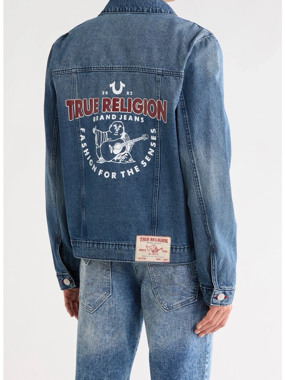 True Religion Men's Blue Denim Trucker Jacket with Red Stitching